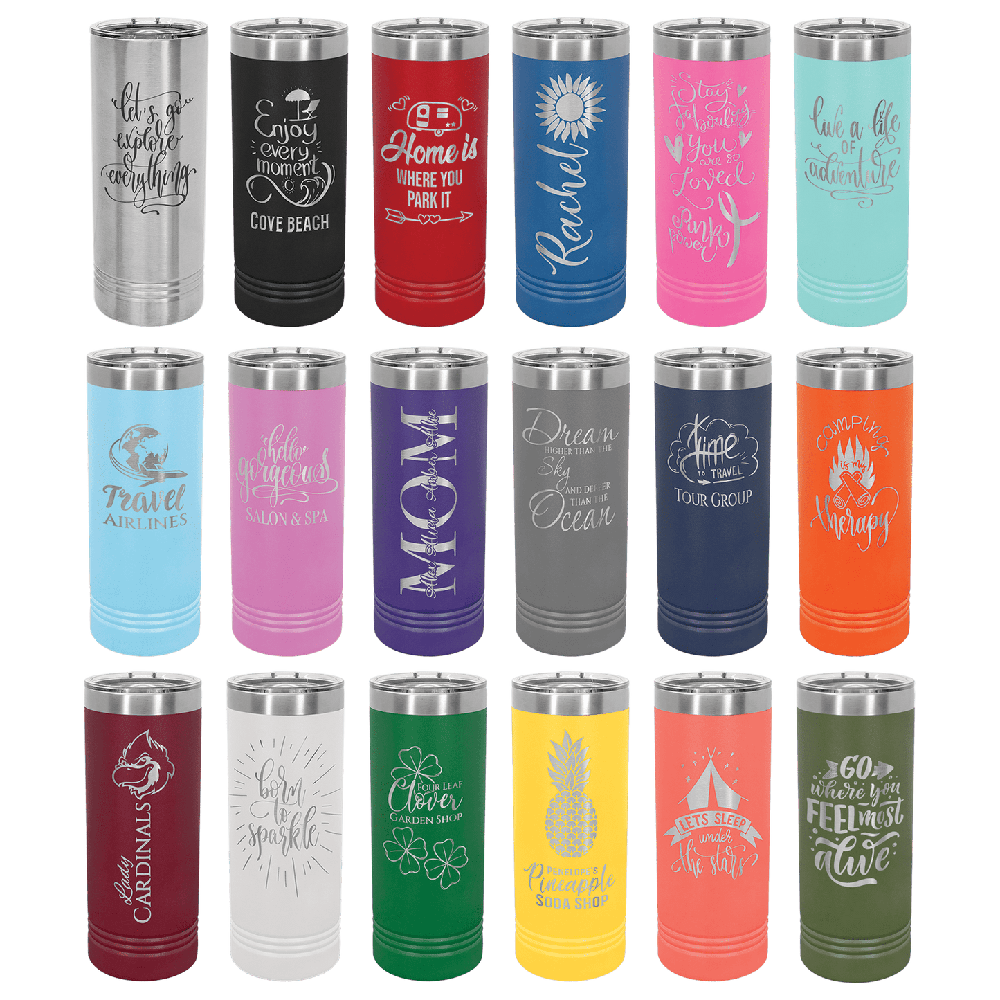 Custom Engraved 22 oz Skinny Tumbler with Slider Lid – Multiple Colors