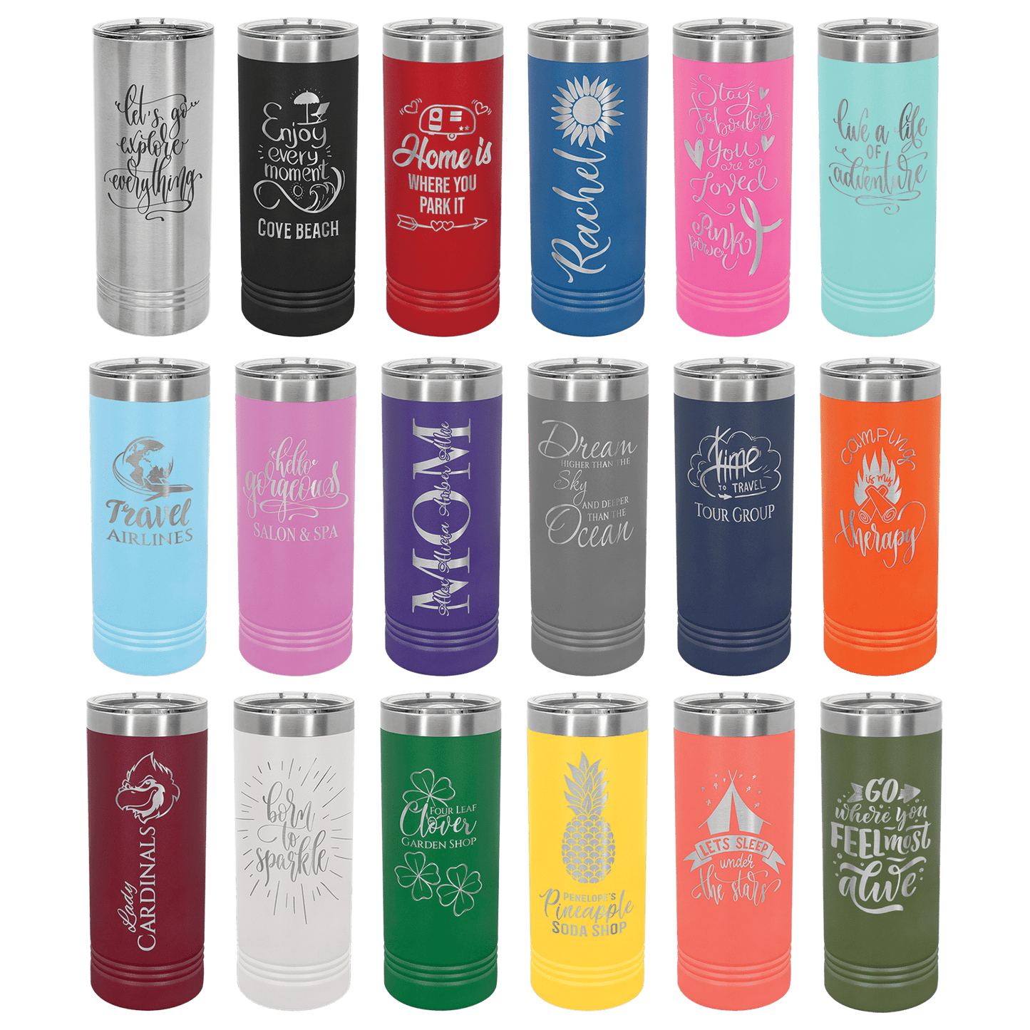 Customized engraved 22 ounce skinny tumblers with slider lid