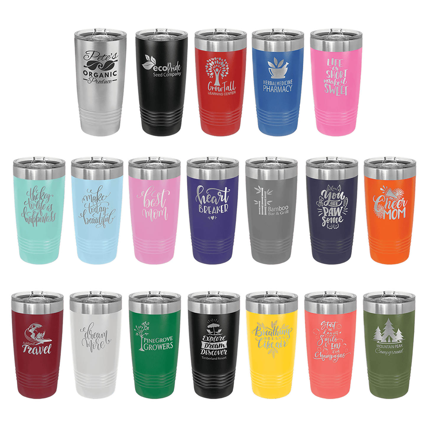 Customized engraved 20 ounce tumblers with slider lid