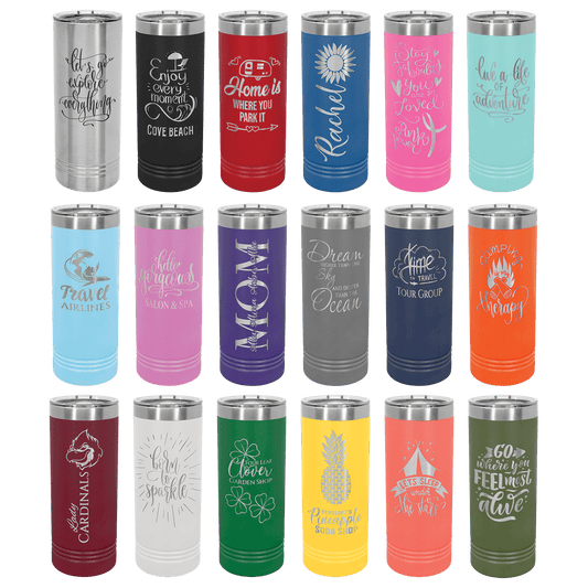 Customized engraved 22 ounce skinny tumblers with slider lid